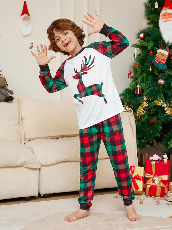 New Christmas parent-child cartoon elk plaid print Christmas pajamas set